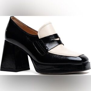 Embassy London Tamara Heeled Chunky Patent Leather Loafers Size 37 Black White